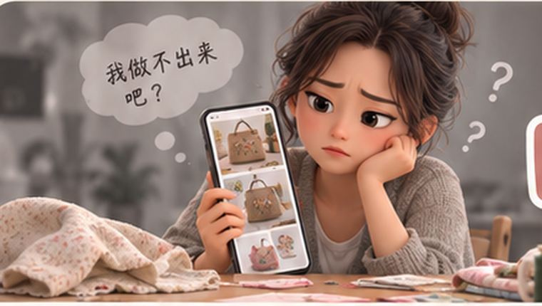 插画:女生看着手机里别人的作品,心里想「我做不出来吧?」