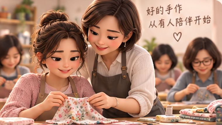 插画:导师俯身带着学员车缝,同桌还有其他学员