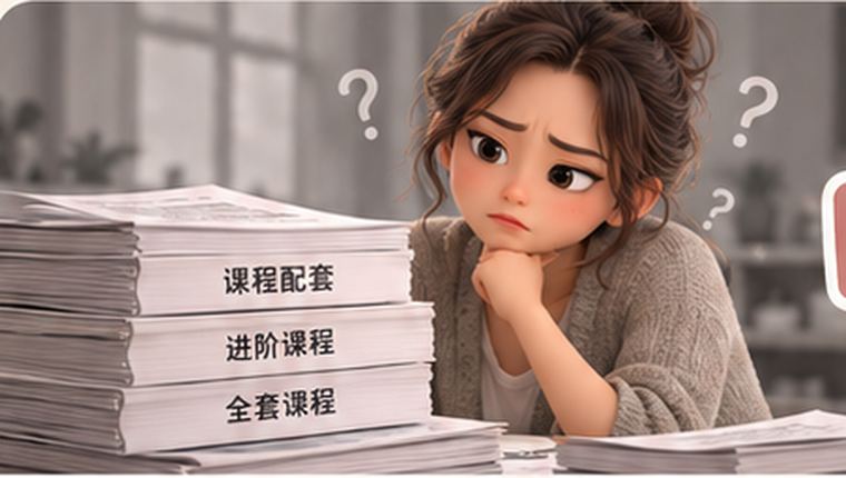 插画:女生对着一叠「课程配套、进阶课程、全套课程」发愁