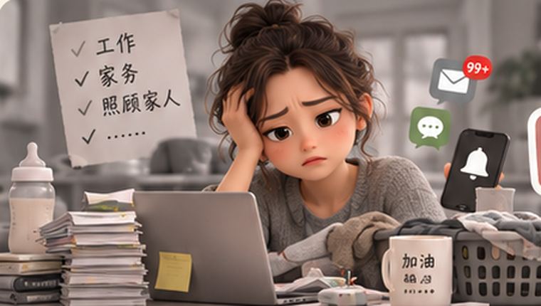 插画:一位女生被工作、家务与讯息淹没,桌上摆着还没喝的咖啡